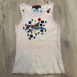 Y2K Baby Tank Top By Dollhouse Medium Yankee Girl. Floral Butterfly Pink Tye Dye